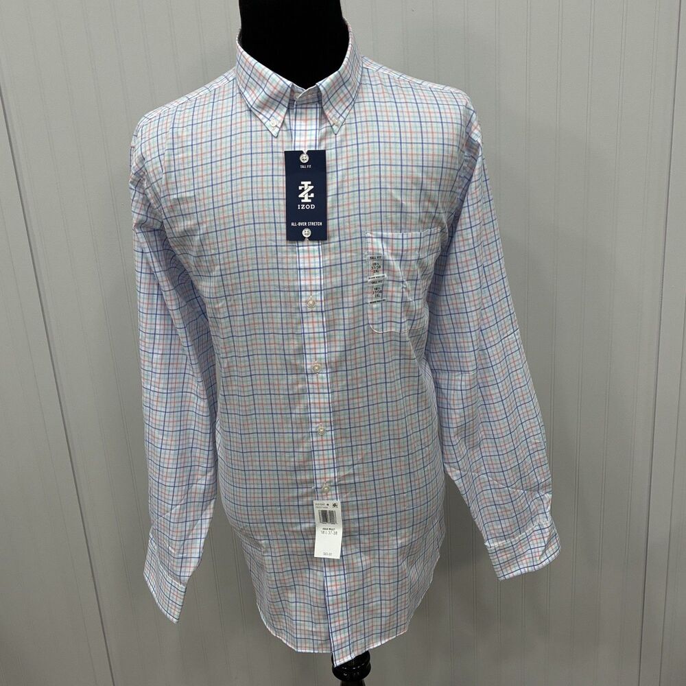 Izod Men's Size 18.5" Multicolor Check Wrinkle Free Button-Front Dress Shirt NWT